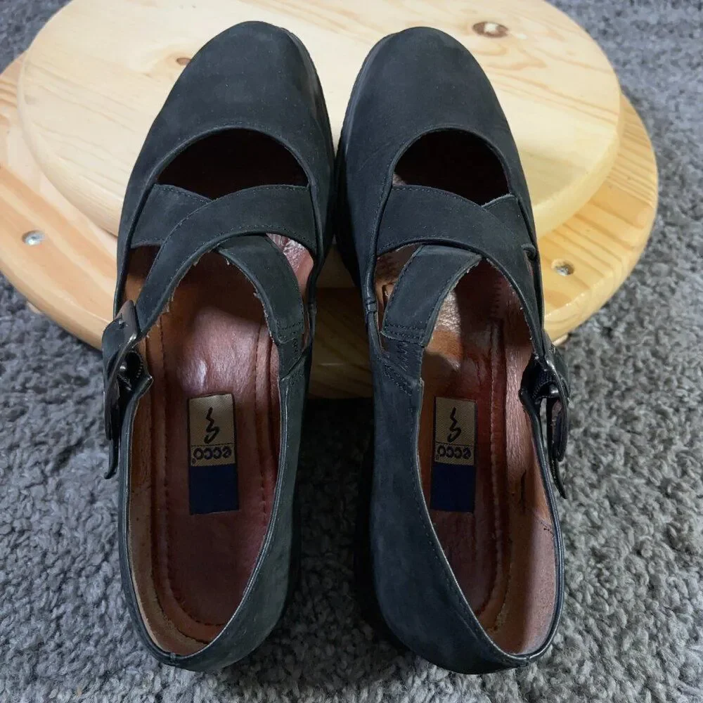 Ecco Shoes Mary Jane Flats Womens Size 10 Black Leather Buckle Portugal Vintage